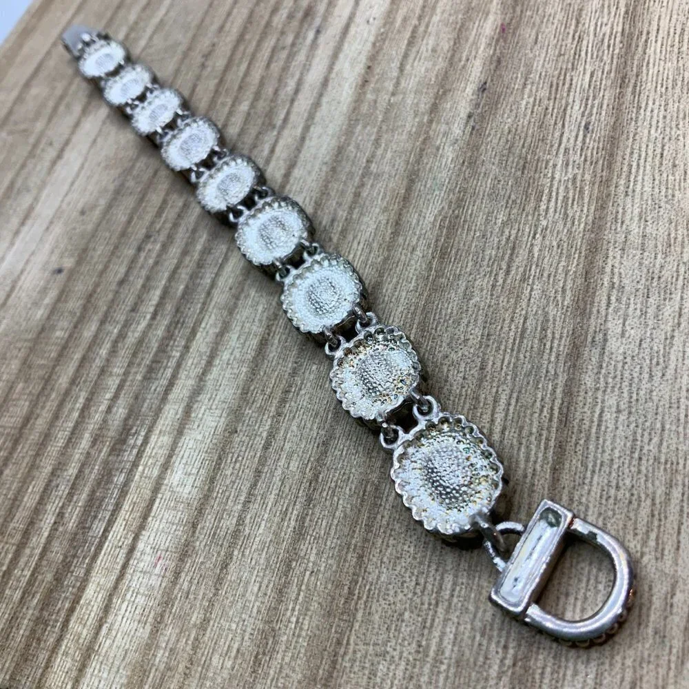 Black Faux Onyx Glass Antique Style Silver Tone Border Bracelet